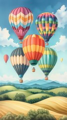 Fototapeta premium Colorful hot air balloons float above rolling green hills and a blue sky.