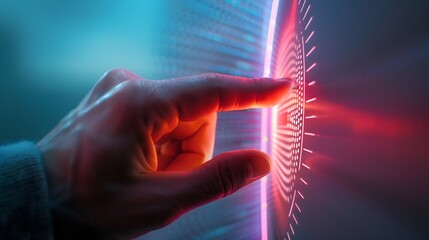 Close-up of a finger touching a high-tech biometric sensor