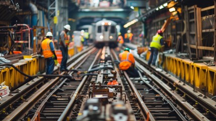 Metro Construction with Workers in Safety Vests Building New Tracks and Platforms - Urban Development