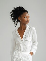Elegant young woman in white pajamas with soft studio lighting and a minimalist style.