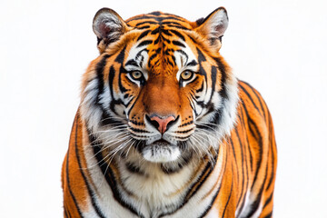 Fototapeta premium Majestic orange and black tiger stands proudly alone on a pure white transparent background, its fierce eyes gleaming with intensity, showcasing its powerful musculature.