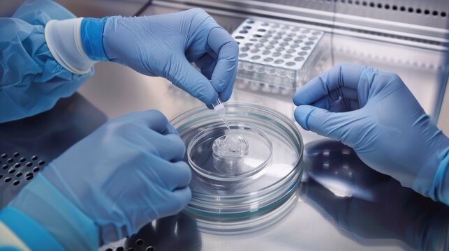 Human Embryo Transfer in Lab with Gloved Hands and Petri Dish Under Sterile Environment for Precision Care