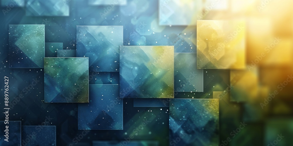 Poster abstract geometric composition with blue and yellow squares and bokeh effect