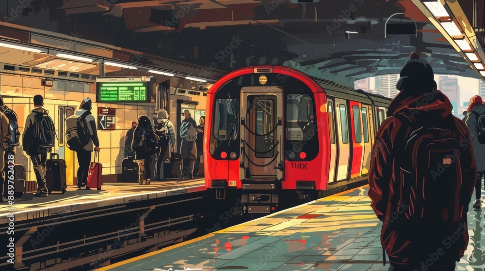 Poster dynamic urban commuting scene with metro train arrival at bustling station during peak hours