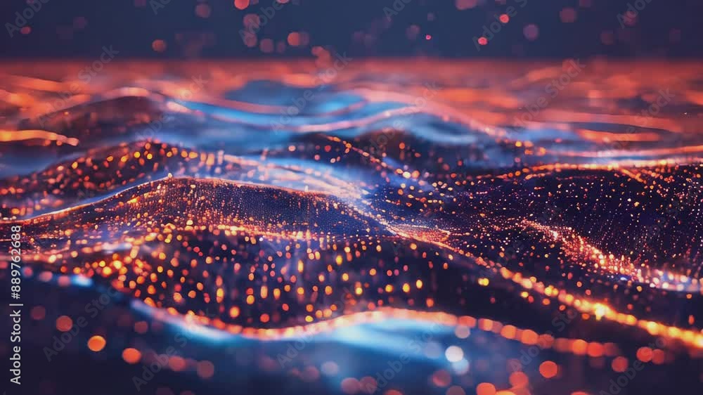 Poster a close up of an abstract, animated surface with wavy shapes, glowing with small, orange-red lights.