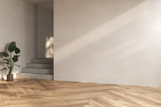 Modern interior design of apartment, empty living room with beige wall, panorama.