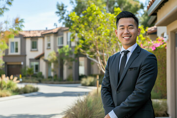 Asian realtor in residential area, blurred homes in background