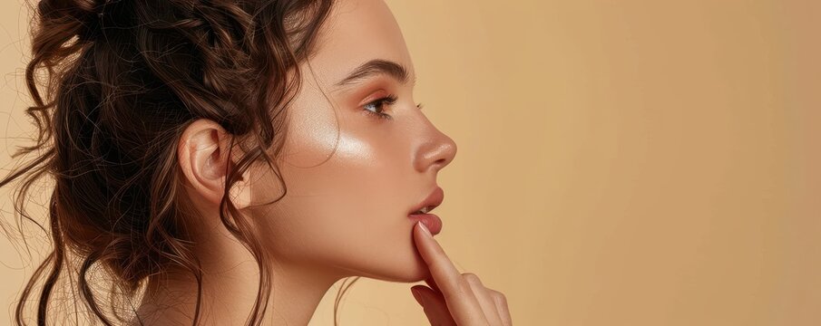 Attractive young woman in profile, touching her lips, flawless skin. Free copy space for text.