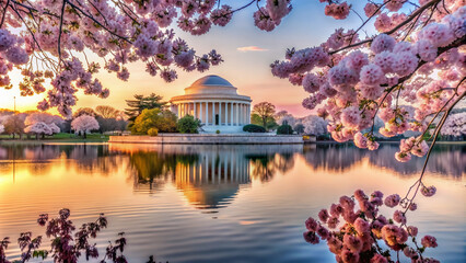 Obraz premium Majestic white marble dome surrounded by vibrant pink blooming cherry blossoms, serene reflections on Tidal Basin's calm waters, honoring American history's iconic landmark.