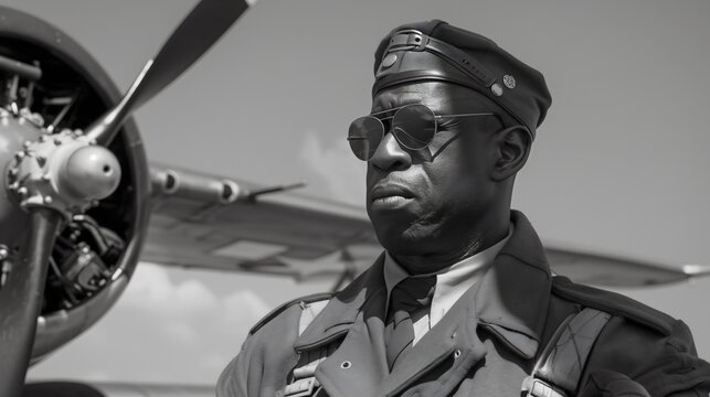 An African American black man and a professional pilot or aviator in uniform with sunglasses, posing in front of an old airplane and preparing to fly. Aviation and aircraft, air travel, retro photo
