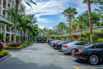 Luxury Hotel Parking Lot with Valet Service Area and Guest Cars During Evening Twilight