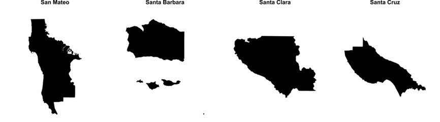 Fototapeta premium San Mateo, Santa Barbara, Santa Clara, Santa Cruz outline maps