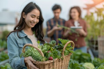 Obraz premium Harvesting vegetables from rooftop greenhouse gardens by urban farmers
