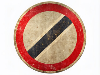 Vintage distressed prohibition sign with bold red circle and white interior, diagonal stripe, and bold black font indicating stop or forbidden action isolated.