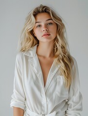 Fototapeta premium Elegant Blonde Woman in White Pajamas with a Simple Background