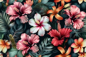 Floral fantasy seamless pattern with vintage exotic tropical flowers, hibiscus, protea, plumeria, cactus, leaves. 3d illustration. Magic abstract background. Generative AI