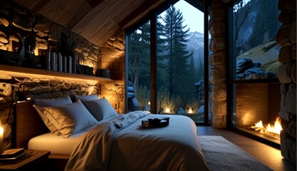 Cozy Cave Room Carved into a Mountainside with Stunning Landscape View and Inviting Interior