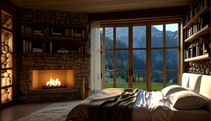 Cozy Cave Room Carved into a Mountainside with Stunning Landscape View and Inviting Interior