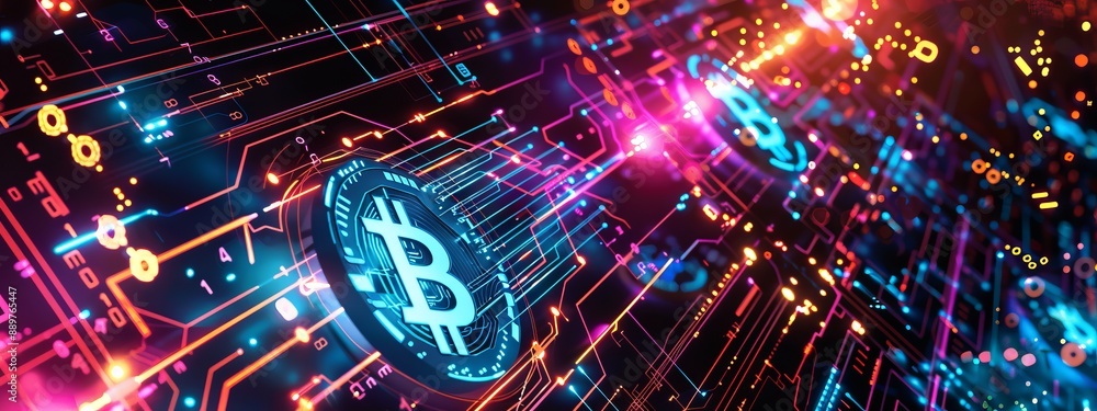 Poster a futuristic digital visualization of a cryptocurrency network, with representations of bitcoin symb
