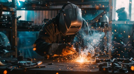 Welder with sparks flying, showcasing a skilled tradesperson working on a metal fabrication project wearing safety gear , welding industry concept
