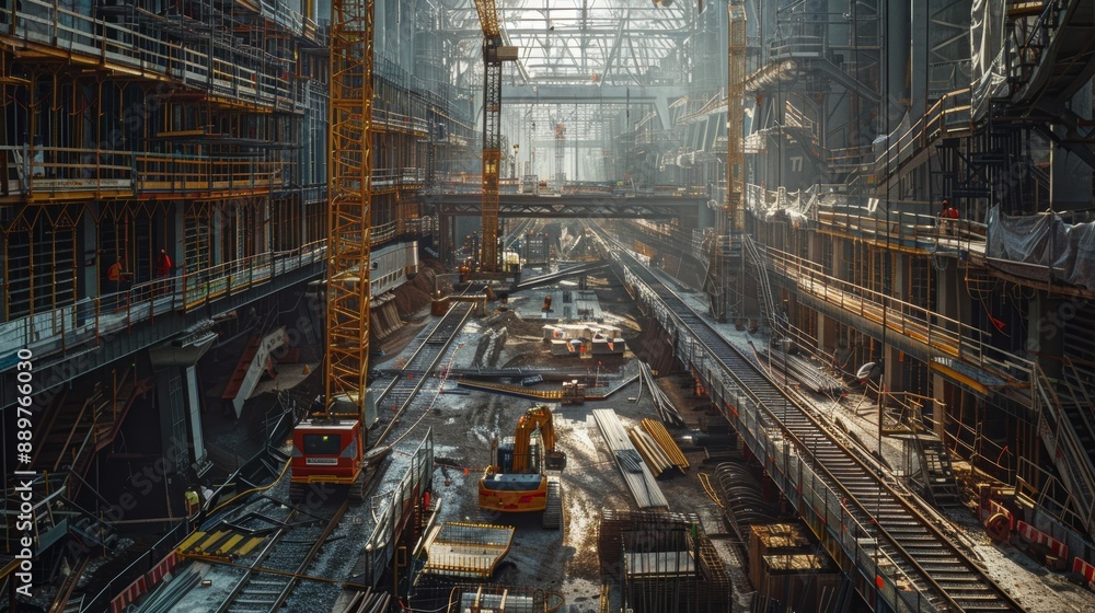 Poster large scale subway construction site: cranes and scaffolding showcasing engineering complexity
