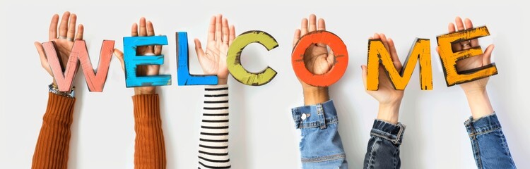 The concept of a family reunion with a colorful rainbow wooden letter with the word welcome isolated against a white background. Family reunion with arrival and you are welcome concept.
