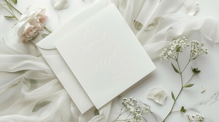 Beautifully designed wedding invitation suite on a stylish white background, featuring calligraphy and floral motifs. 32k, full ultra HD, high resolution