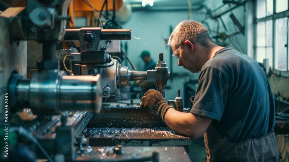 Poster manual lathe operation in industrial workshop for precision metal shaping and machining