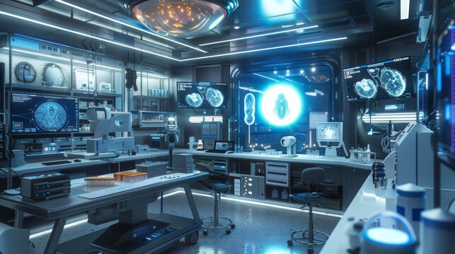 Advanced Laboratory Scene with Scientists Using Virtual Reality to Study Human Embryos and Holographic Displays