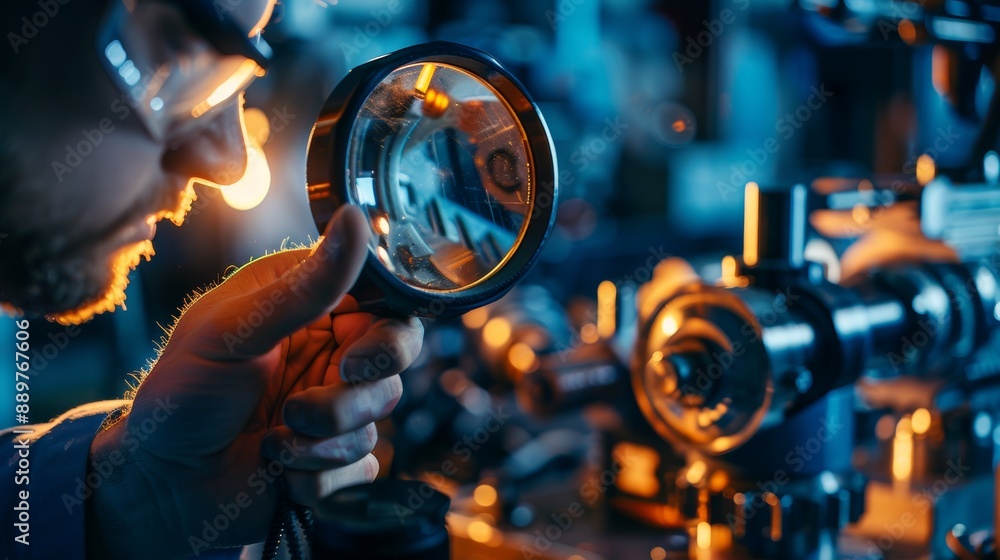Poster industrial quality control: operator inspecting cutting tool in well-lit workshop with magnifying gl