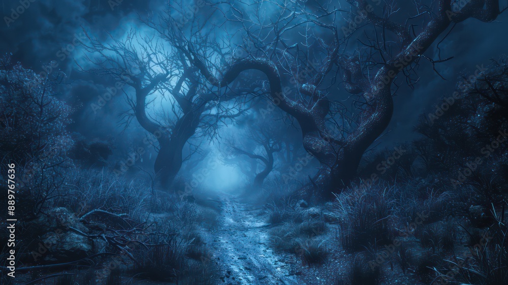 Poster A forest at night with trees and a path. Scene is eerie and mysterious