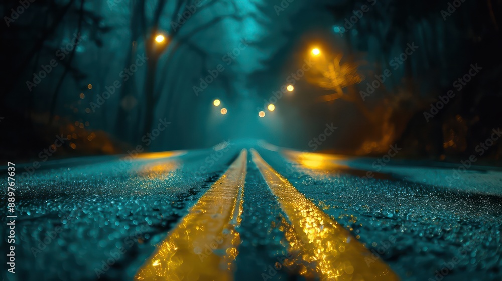 Poster a blurry image of a road with yellow lines and a dark sky. scene is mysterious and somewhat eerie