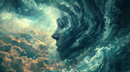 abstract storm swirling inside a human head, capturing the internal turbulence and uncontrollable nature of chaotic thoughts, evoking a sense of mental storm