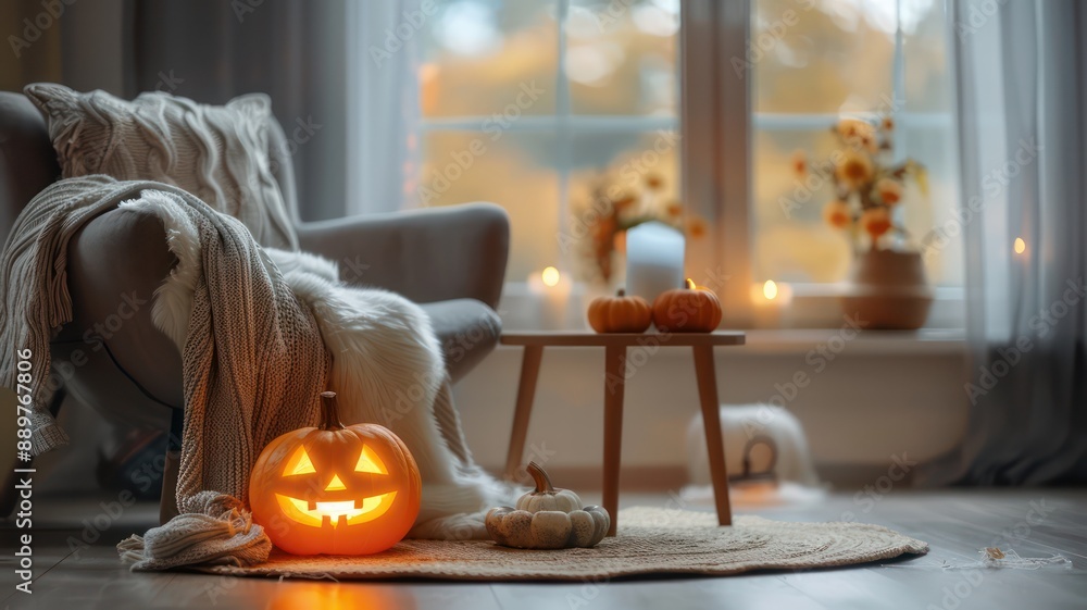 Poster a pumpkin with a smiley face on it sits on a rug in front of a window. the room is decorated for hal