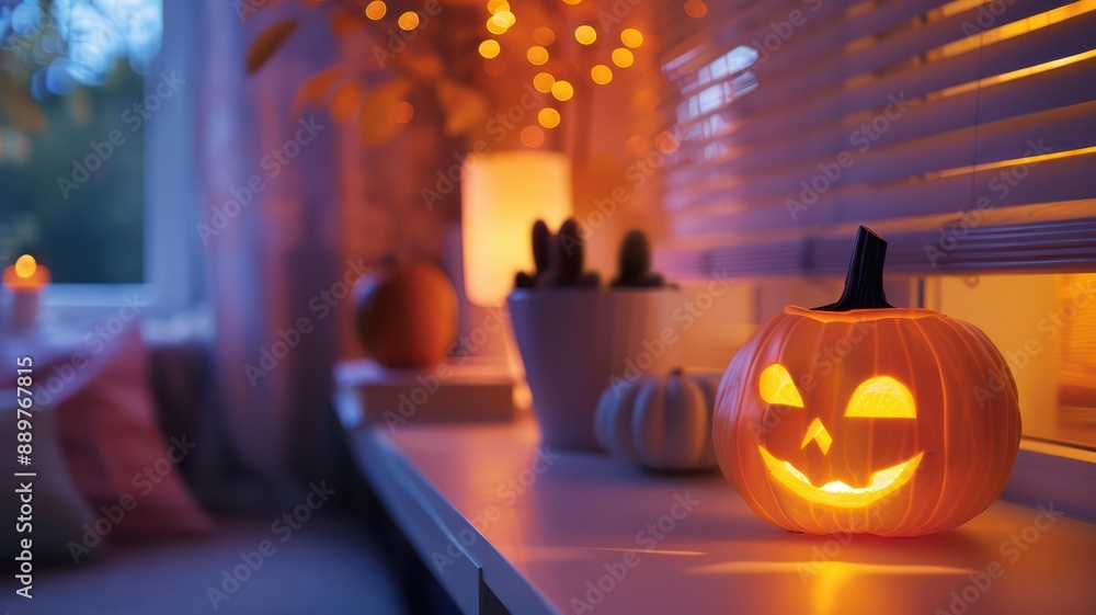 Poster a pumpkin with a smiley face on it sits on a shelf next to a window. the room is dimly lit, creating