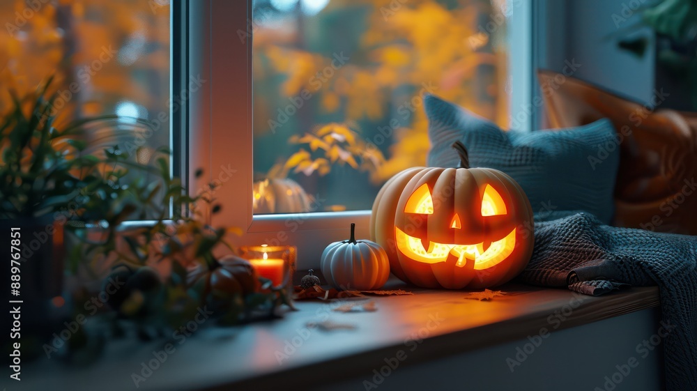 Poster a window with a pumpkin on it and a few other pumpkins. the pumpkin is lit up and has a scary face