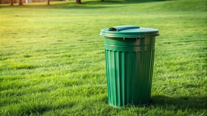 Green trash can on grass, ecology, recycling, waste disposal, environmental, garbage, eco-friendly, green, sustainability, bin