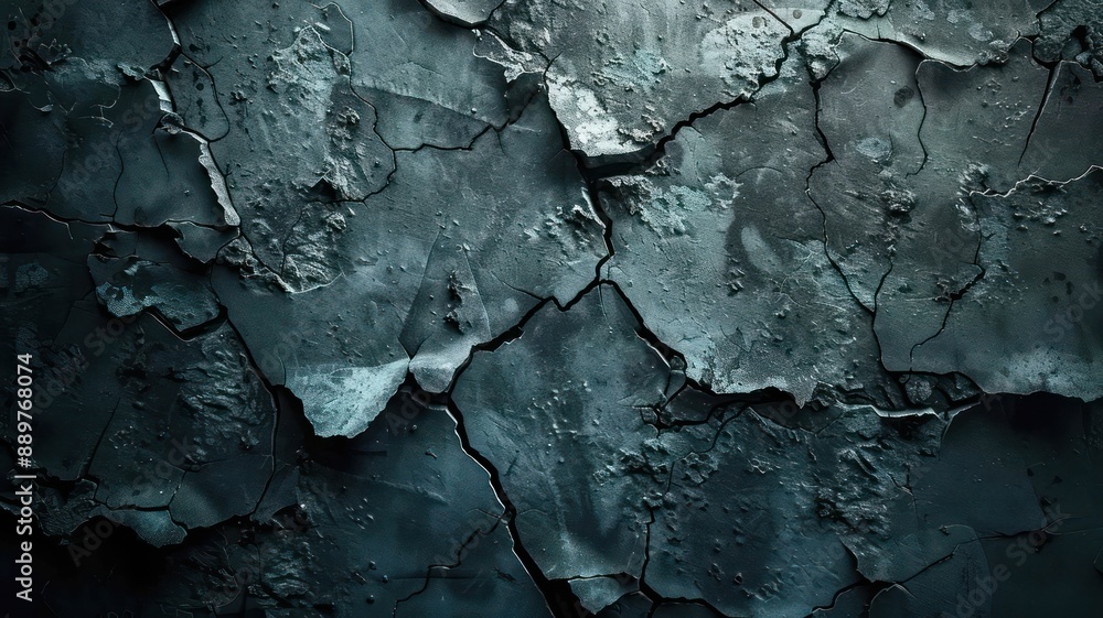 Poster a wall with cracks and holes in it. the wall is made of concrete and has a rough texture