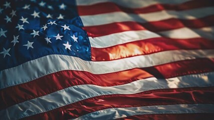 Animation of a close up of an American flag shown gently waving in the wind - Powered by Adobe