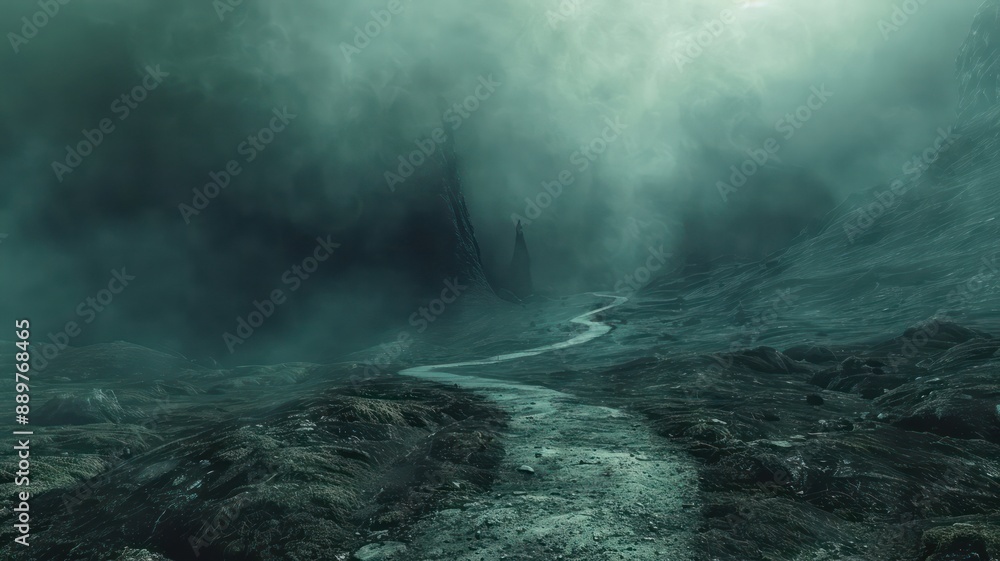 Poster a dark and stormy landscape with a path leading through it. the sky is filled with clouds and the ai