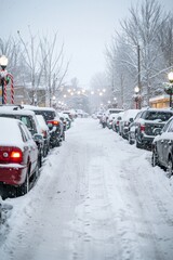 Fototapeta premium Snow-Covered Parking Lot with Holiday Decorations Early Winter Morning Seasonal Scene