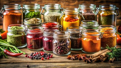 A close-up photo of various colorful and aromatic spices in glass jars on a rustic wooden table, spices, seasoning, herbs