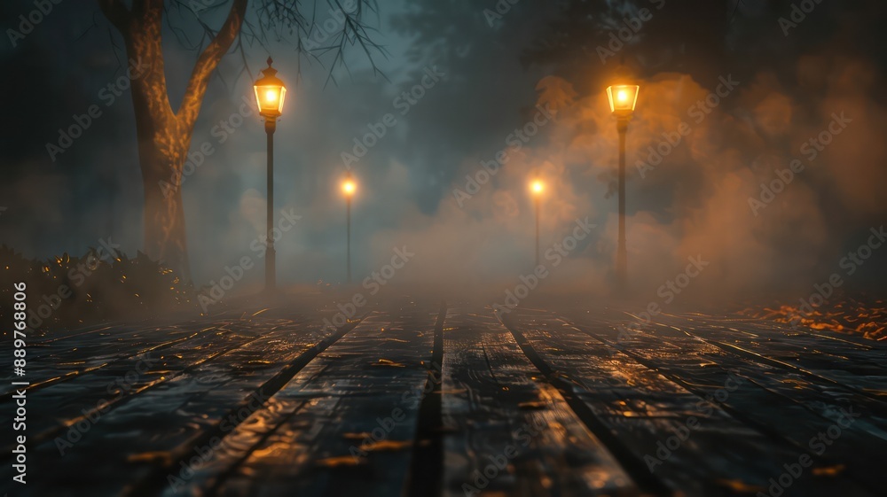 Poster a foggy night with a park setting with three street lamps. the scene is dark and mysterious, with th