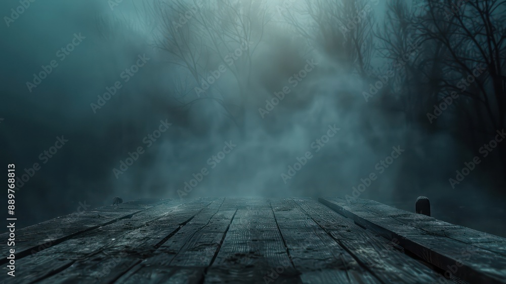 Poster a foggy, misty forest with a wooden bridge in the foreground. the bridge is wet and the fog is thick