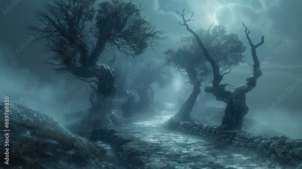 Poster a forest at night with a moon in the sky. the trees are tall and dark, and the sky is cloudy. scene 