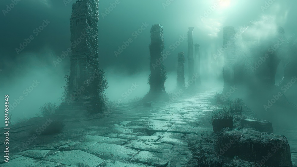 Aufkleber A dark, foggy path with stone pillars and a mysterious atmosphere. The scene is set in a graveyard, with the pillars standing tall and the fog adding an eerie touch to the setting