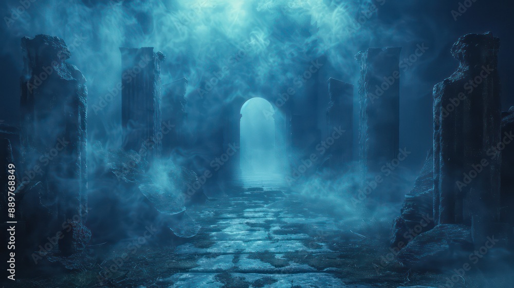 Poster a dark, foggy tunnel with a small opening. the tunnel is filled with smoke and the light is barely v
