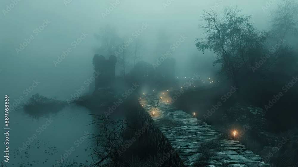 Aufkleber A foggy forest path with a castle in the background. The path is lit by candles and lanterns