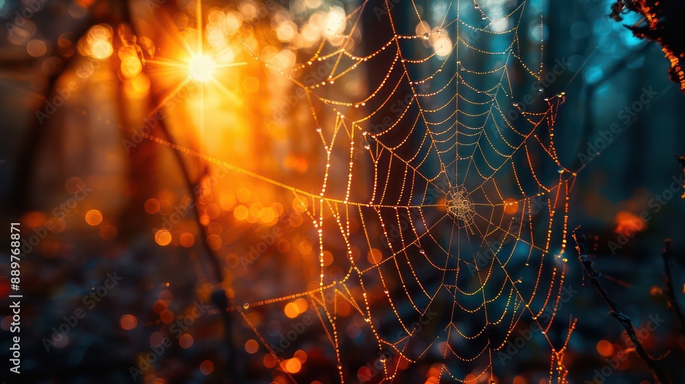 Poster A spider web is shown in a forest with a bright orange sun in the background. The web is illuminated by the sun, creating a warm and inviting atmosphere