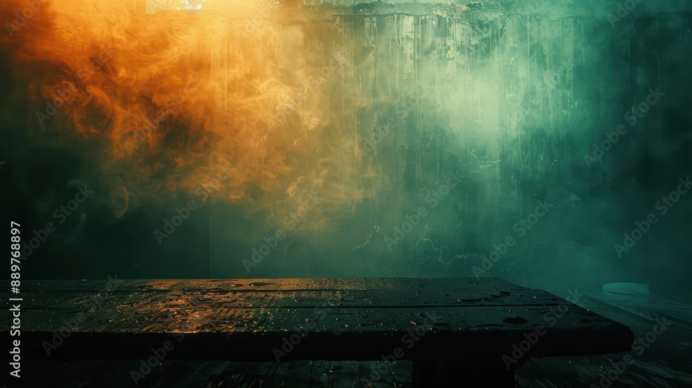 Poster A table is shown with a lot of smoke and steam in the background. The table is empty and the background is dark and smoky